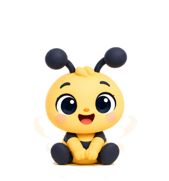 Budibee, a round baby bee, sitting and smiling