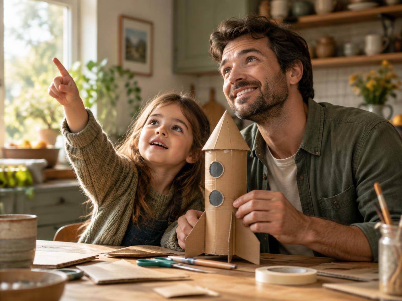 A father and daughter building a cardboard rocket at the kitchen table, the child pointing upward with an idea