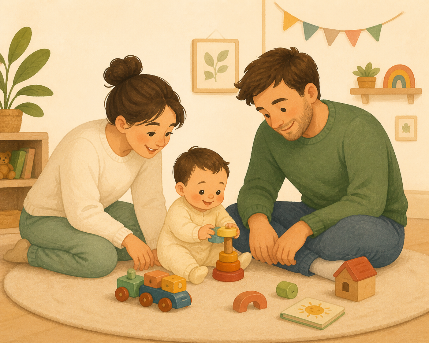 A parent playing with a baby and toddler