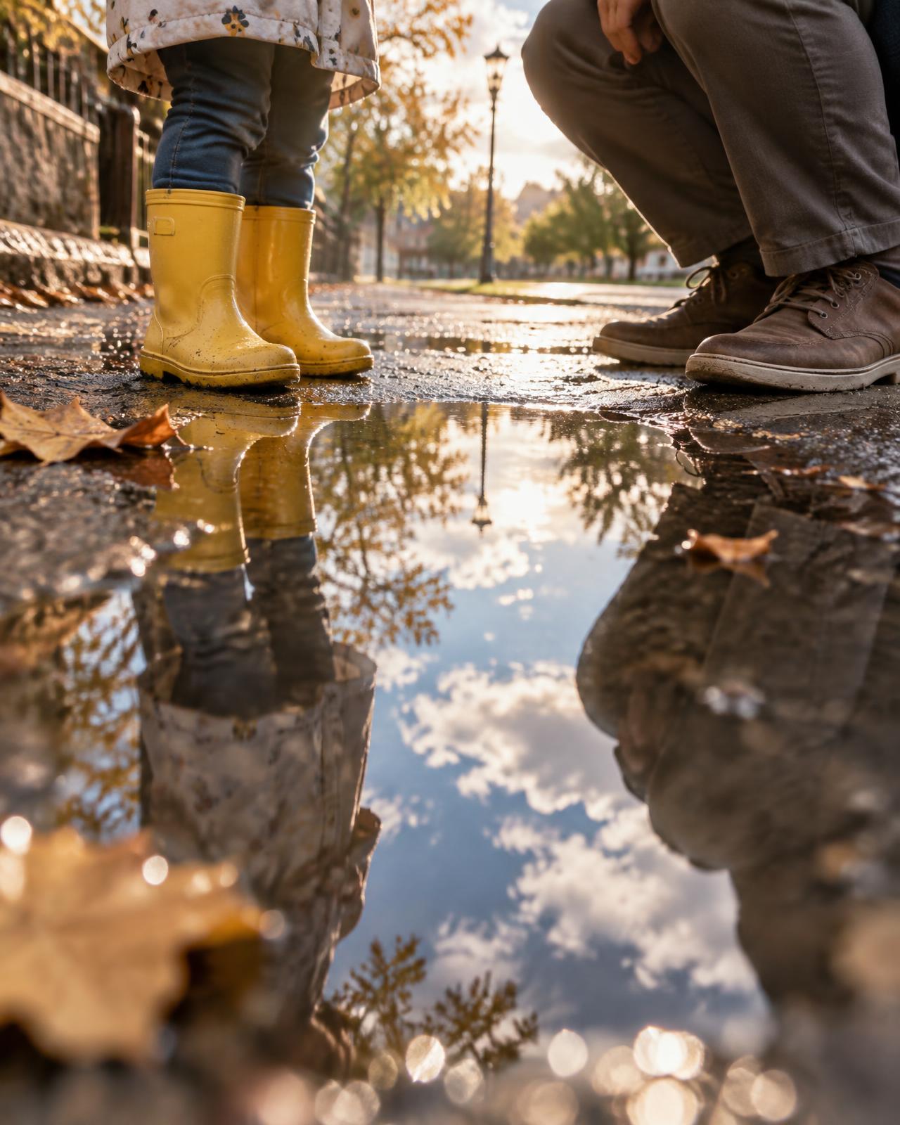 A child's yellow rain boots and a crouching parent beside a puddle reflecting the sky after rain