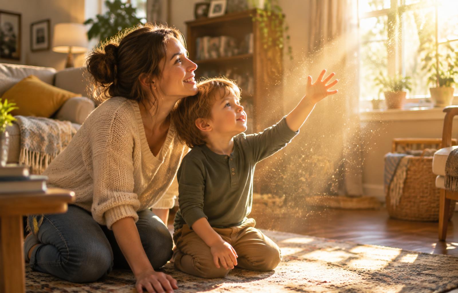 A mother and son kneeling on a living room rug, the child reaching into a beam of sunlight filled with dancing dust